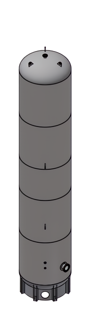 A 3D CAD rendering of a tall, cylindrical industrial tank or silo, shown in gray with black outlines on a white background.